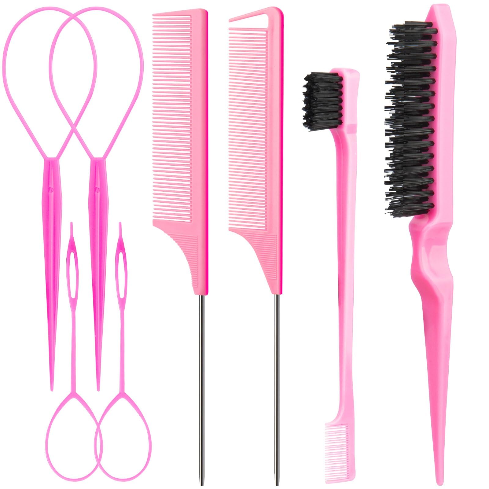 Aigee 8Pcs Hair Styling Combs Set Include 4Pcs Topsy Hair Tail Tools 2 Styles of Rat Tail Comb,1Pcs Bristle Teasing And Slick Back Hair Brush,1Pcs Edge Control Brush,Eyebrow Brush for Woman Girl Pink