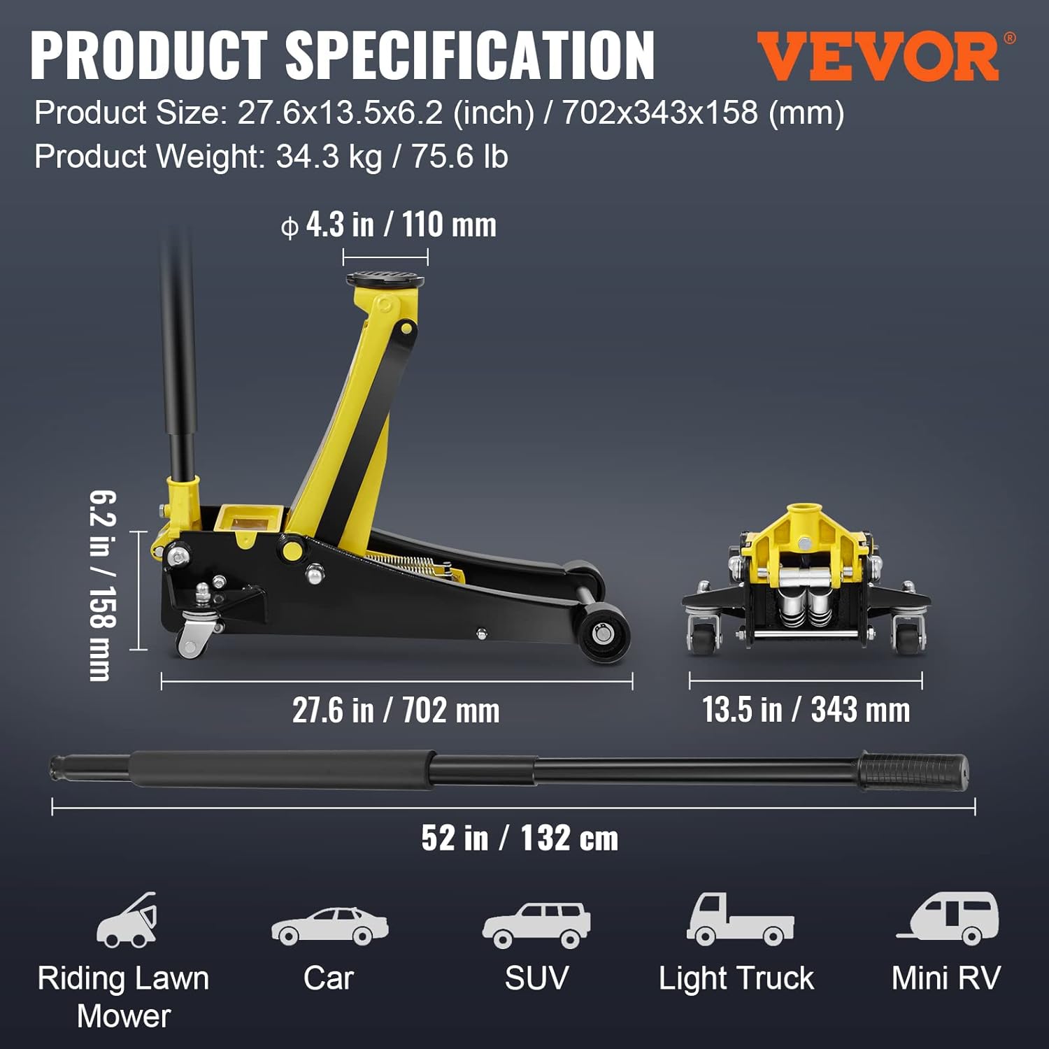 VEVOR 3 Ton Low Profile, Heavy-Duty Steel Racing Floor Jack with Dual Pistons Quick Lift Pump, Lifting Range 3.35"-19.69"