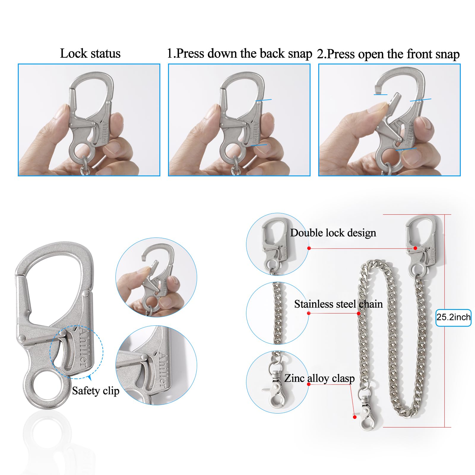 Ahiller Biker Wallet Chain, Heavy Duty Pocket Chain with Lockable Carabiner, Men Chains for Keys, Jeans, Pants, Purse and Handbag（QK-Silver-1PCS） - Grand Goldman