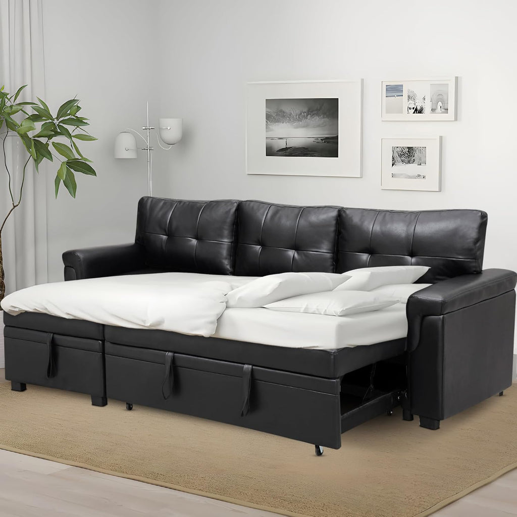 Naomi Home Transform Any Space: Sleeper Sectional Sofa with Convertible Sofa Bed & Inviting Chaise. Find Tranquil Comfort with Stress-Relieving Design & Durable Cushions - Black/Air Leather