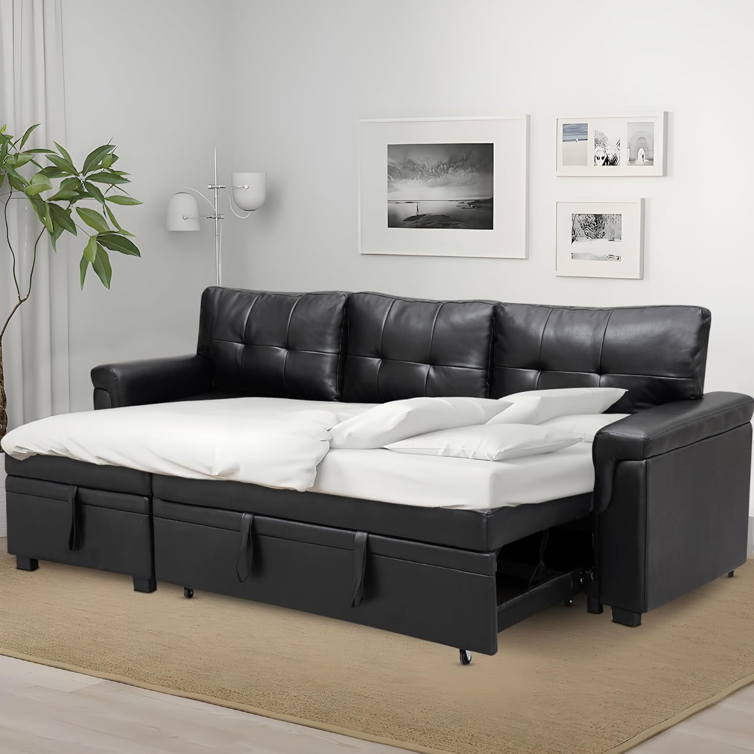 Naomi Home Transform Any Space: Sleeper Sectional Sofa with Convertible Sofa Bed & Inviting Chaise. Find Tranquil Comfort with Stress-Relieving Design & Durable Cushions - Black/Air Leather