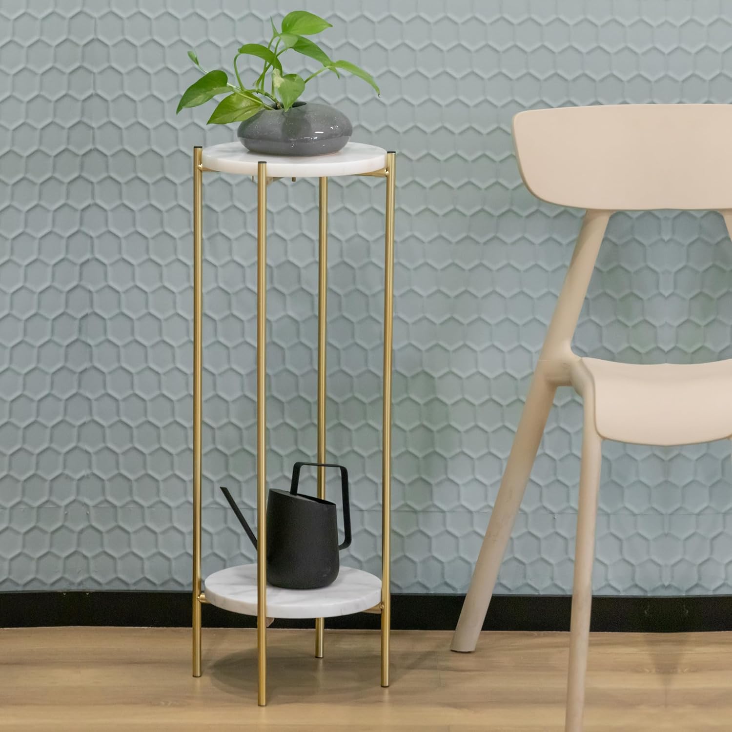 Metal Round 2 Tier Small Gold Side End Table with Real Natural Marble Top Plant Stands Modern Lightweiht Bedside Coffee Table for Living Room Bedroom Small Space White…