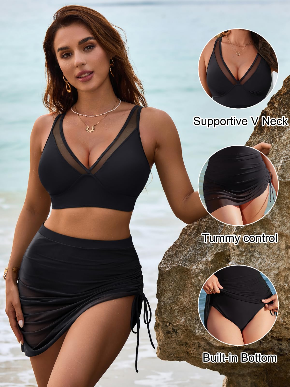 Blooming Jelly Womens Swim Dress Skirt High Waisted Bikini Sets Tummy Control Swimsuit Two Piece Bathing Suit (M, Black)