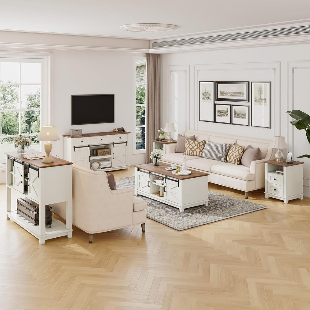 Farmhouse Table Set of 3, Coffee Table with Sliding Barn Doors, End Tables Set of 2 with Charging Station for Living Room & Bedroom, Sliding Barn Doors, 2 Tiers Storage Drawer, Antique White