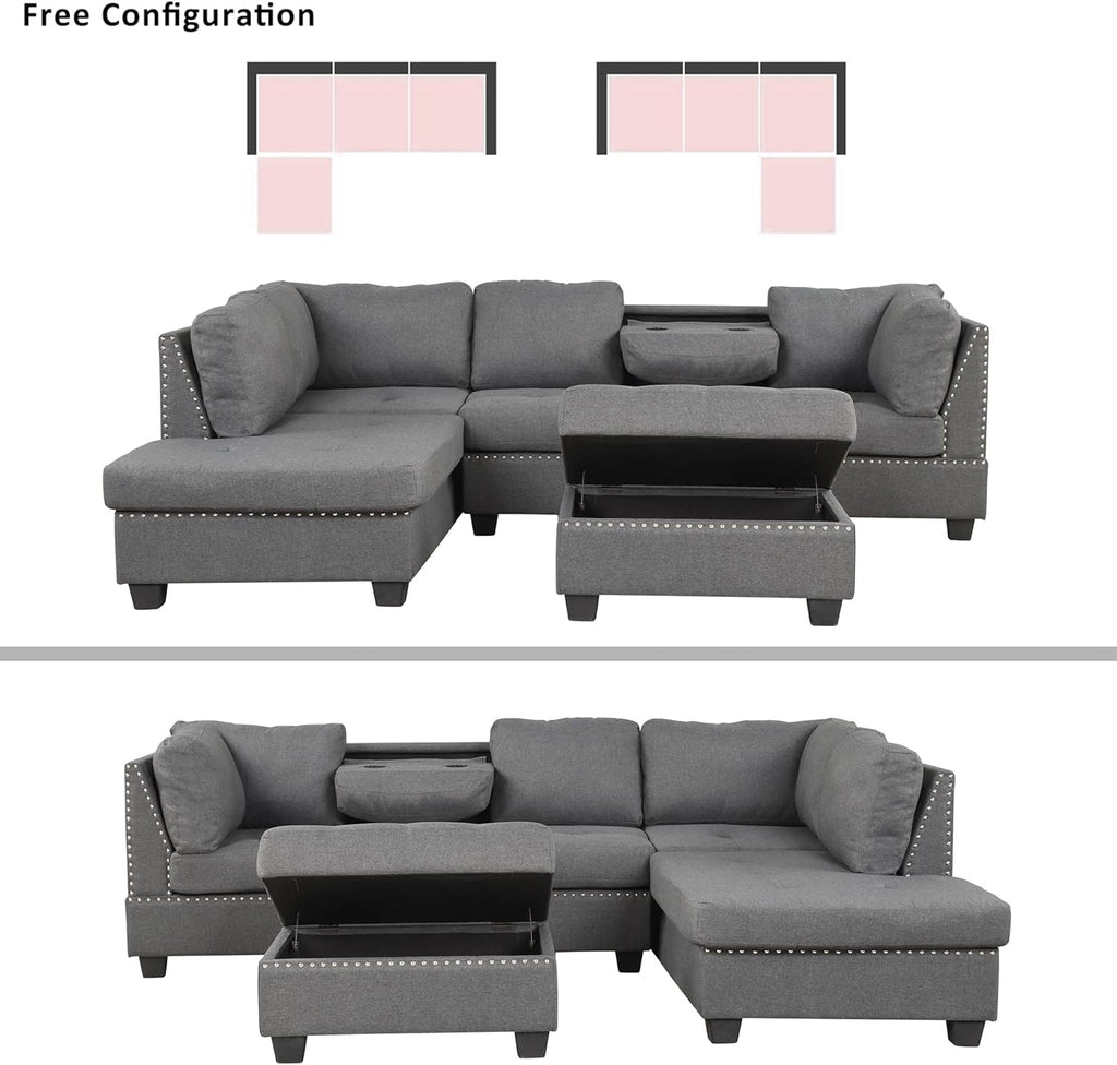 L-Shaped Oversized Reversible Sectional Sofa Couch with Drop-down Cupholders ,Modern Living Room 6 Seaters Corner Tufted Upholstered Sofa&Couch W/Reversible Chaise ,Storage Ottoman and Nailhead Decor