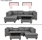 L-Shaped Oversized Reversible Sectional Sofa Couch with Drop-down Cupholders ,Modern Living Room 6 Seaters Corner Tufted Upholstered Sofa&Couch W/Reversible Chaise ,Storage Ottoman and Nailhead Decor
