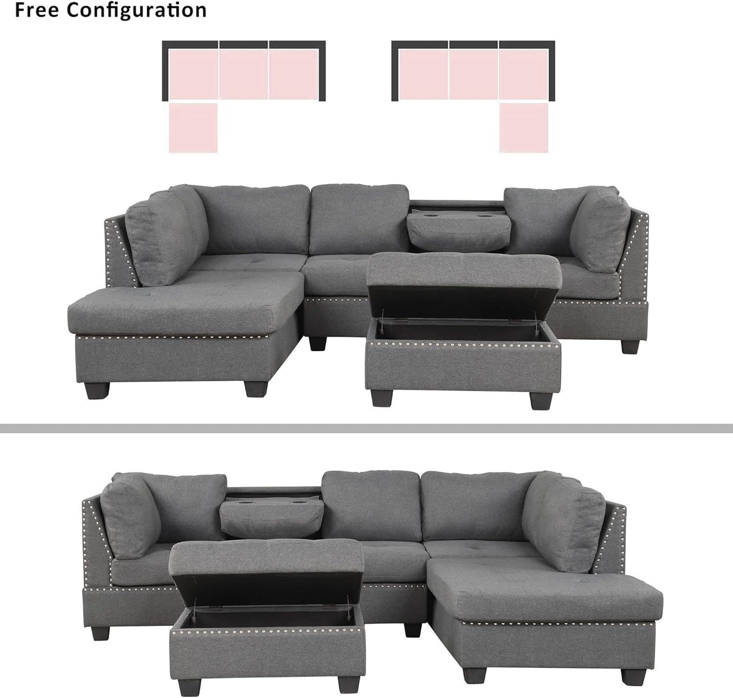L-Shaped Oversized Reversible Sectional Sofa Couch with Drop-down Cupholders ,Modern Living Room 6 Seaters Corner Tufted Upholstered Sofa&Couch W/Reversible Chaise ,Storage Ottoman and Nailhead Decor