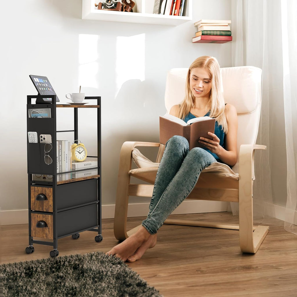 Small Narrow Side Tables for Small Spaces, Skinny Thin Bedside Nightstand End Table with Drawers&Wheels, Slim Tall Desk Magazine Rack with Storage Bag for Sofa Living Room Dorm Couch Bedroom