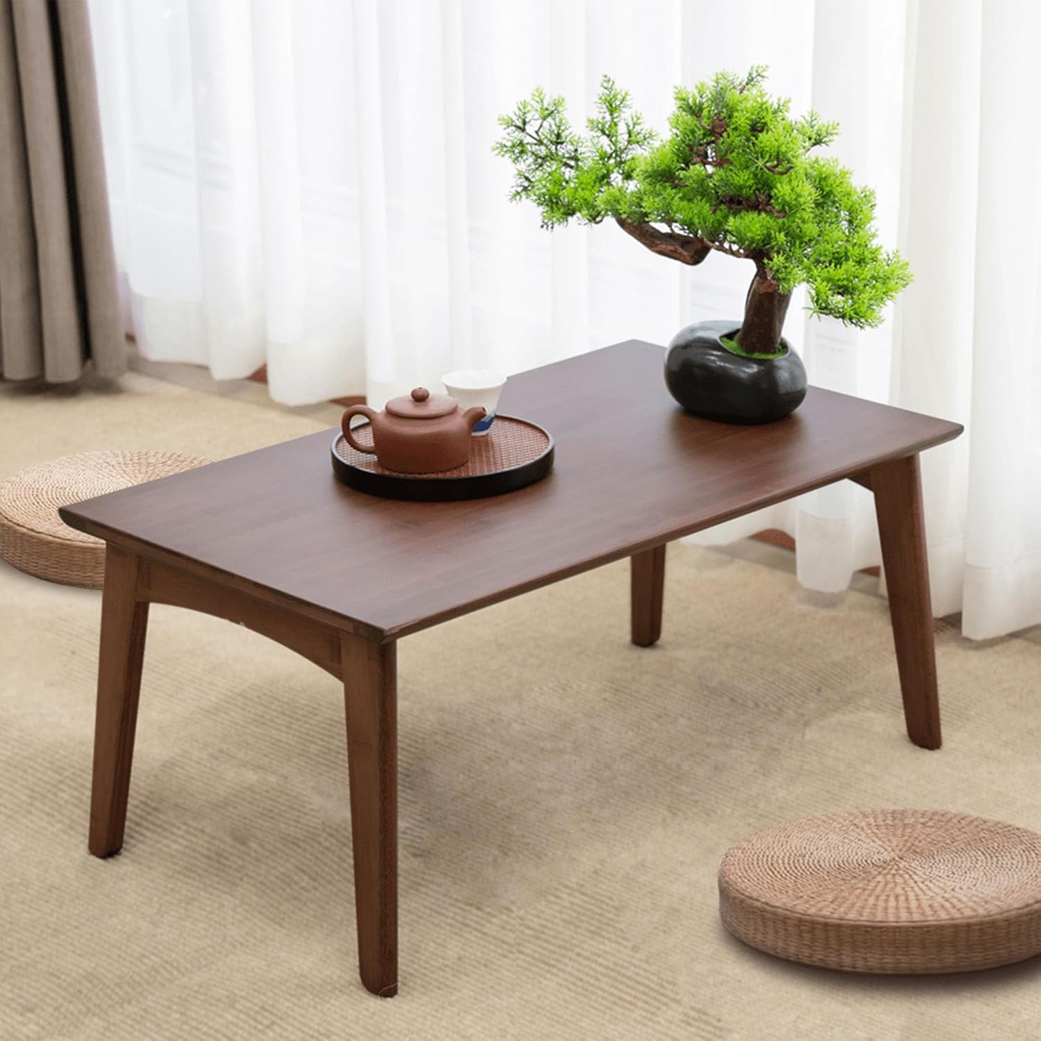 Folding Floor Table Low Coffee Table for Sitting On The Floor Japanese Floor Table No Assembly Tatami FoldableTable for Living Room Home Office (Walnut, Large)