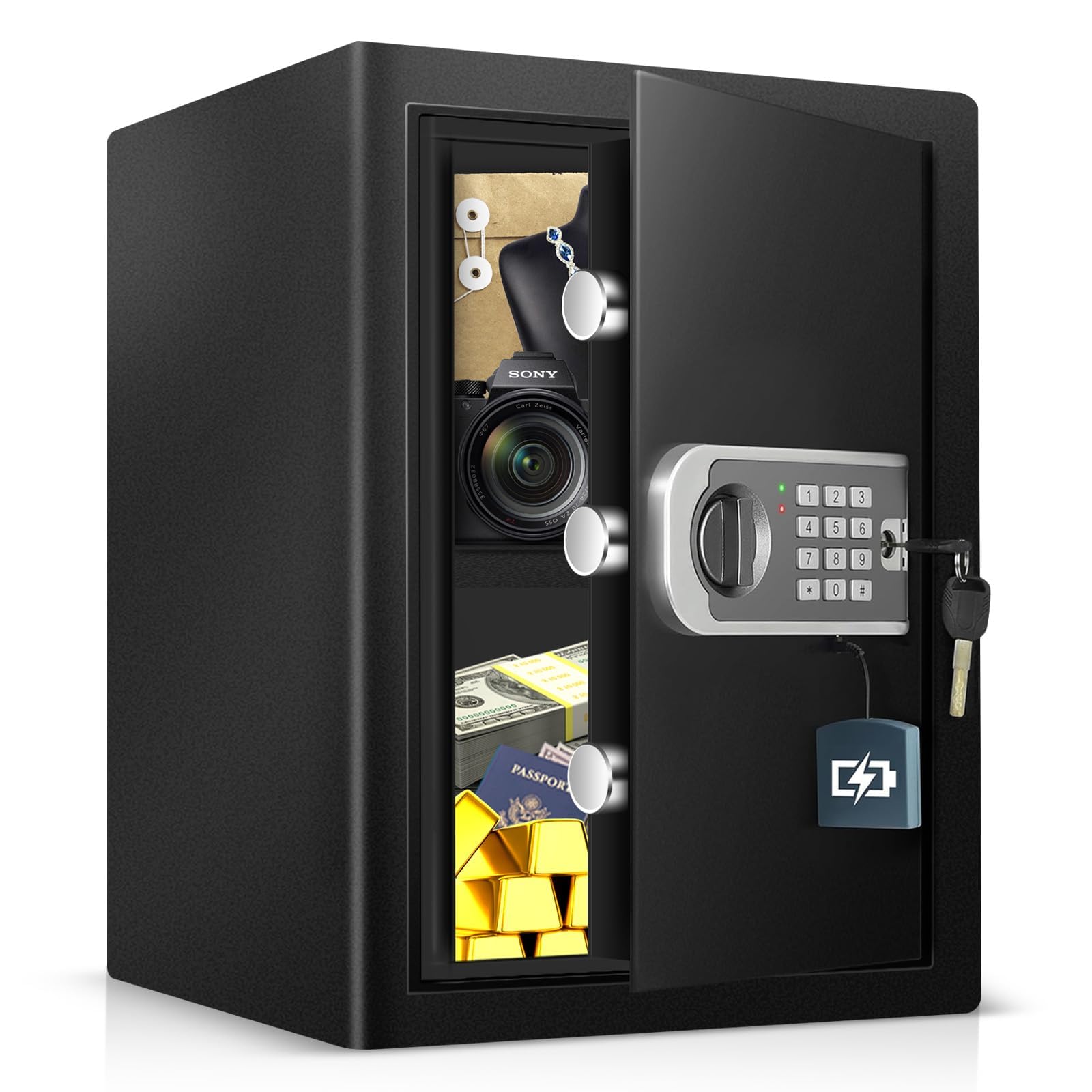 2.4 Cub Home Use Safe Box Fireproof Waterproof, Fire Proof Safe with Digital Keypad Sensor Light Key for Hotel Office Money Documents