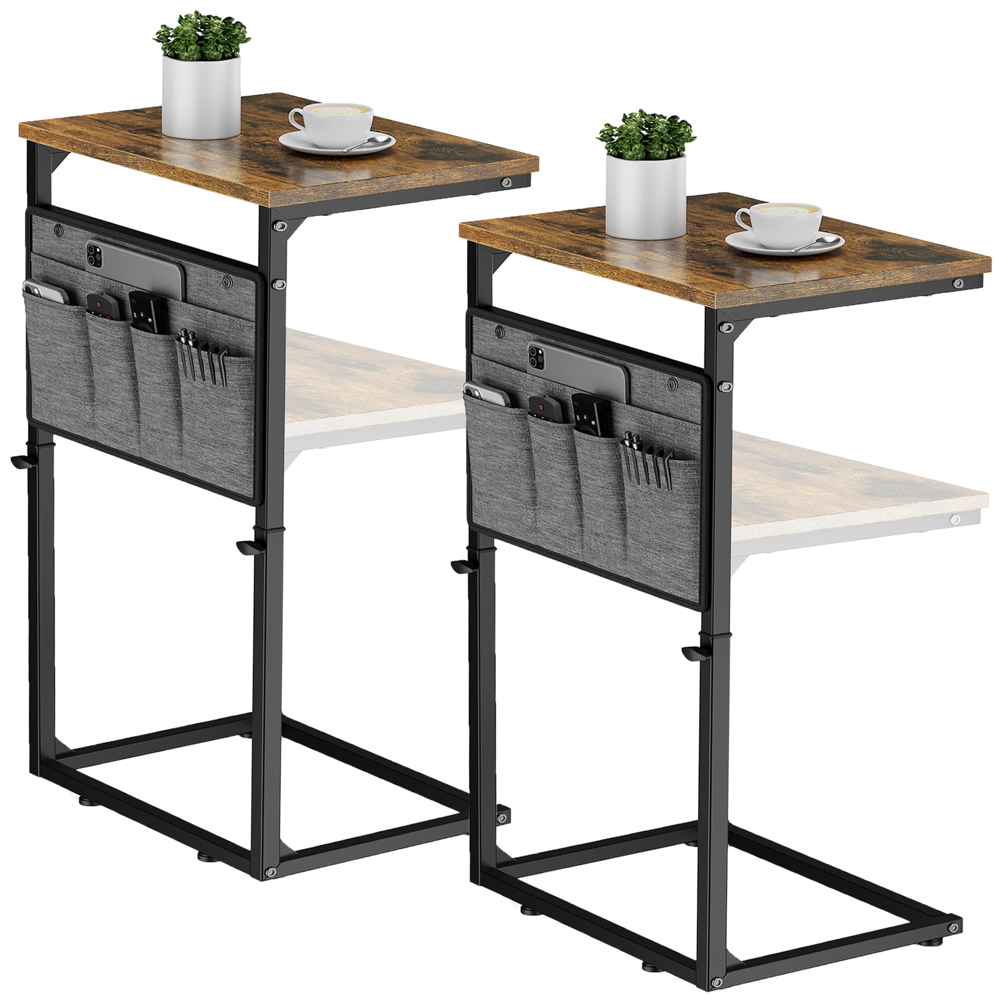 Vagusicc C Shaped End Table, 33'' Tall Side Table for Couch, Adjustable Height Small Couch Side Table for Small Spaces, End Table Slide Under Sofa Table TV Tray Table Arm Table for Living Room, Brown