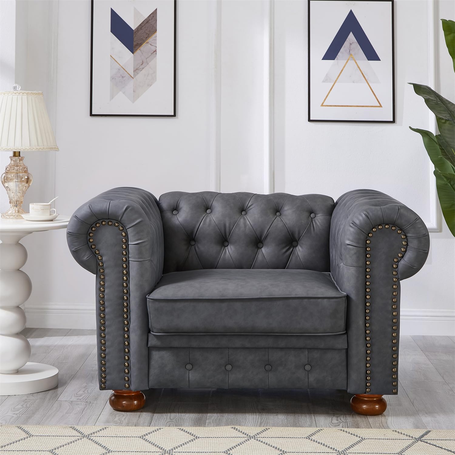 Harper & Bright Designs 3-Seat Chesterfield Sofa with Button Tufted, Nailhead Trim and Solid Wood Legs, Classical Linen Fabric Couch for Living Room, Office, Light Grey