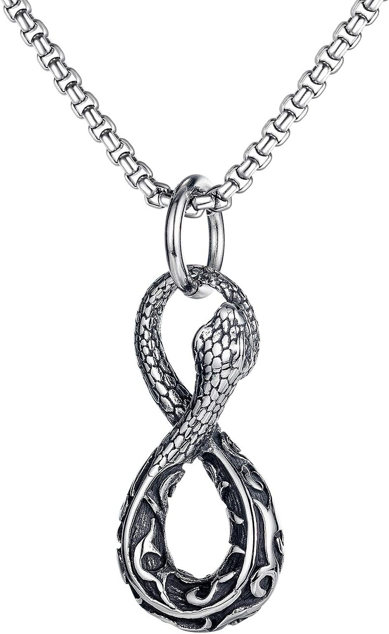 OIDIMS Infinity Ouroboros Serpent Snake Necklace for Men Women Stainless Steel Pendant Norse Talisman Hip Hop Gothic Animal Biker Punk Rope Chain Best Friend Jewelry Valentine's Day Gift Jewelry