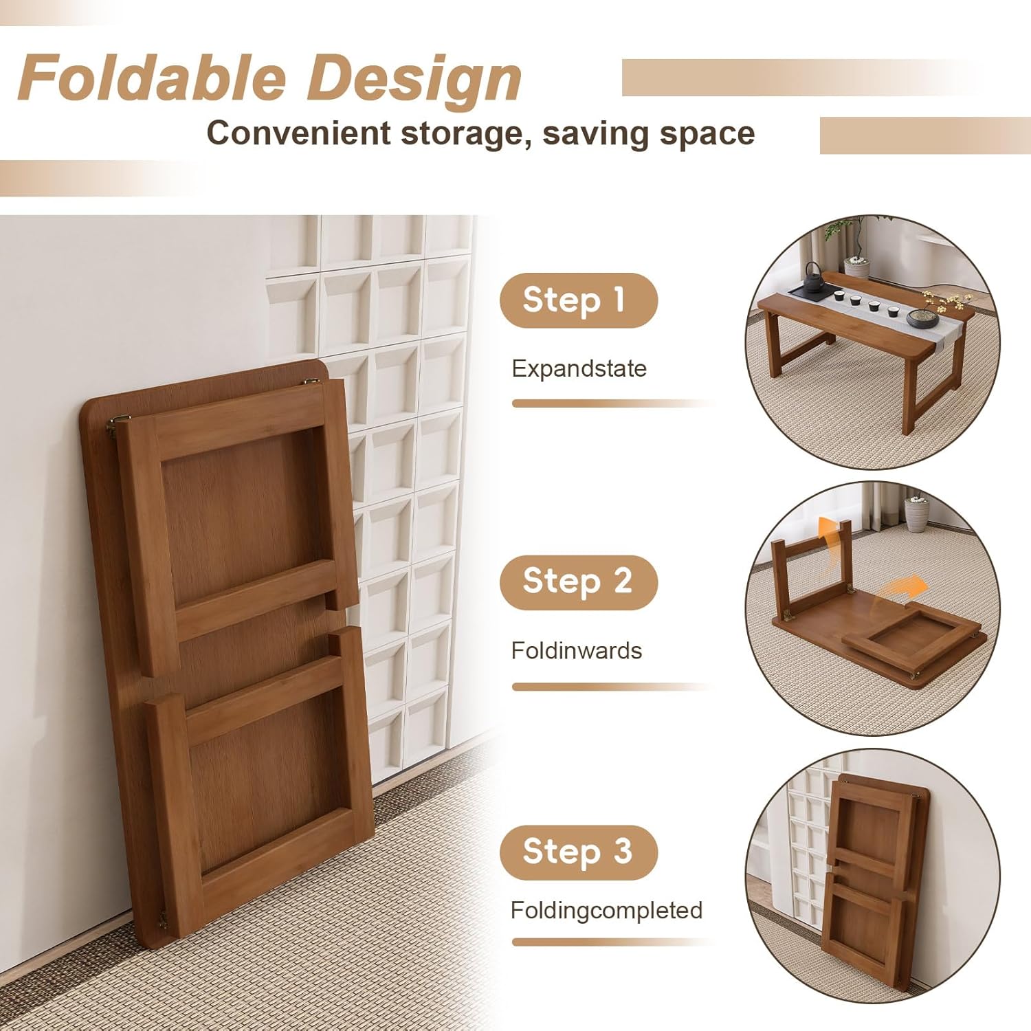 Floor Coffee Table for Living Room, Japanese Folding Low Dining Table, No Assembly Foldable Tatami Tea Table - Natural Solid Wood Bamboo, Rectangle Ground Desk for Small Spaces (Walnut)