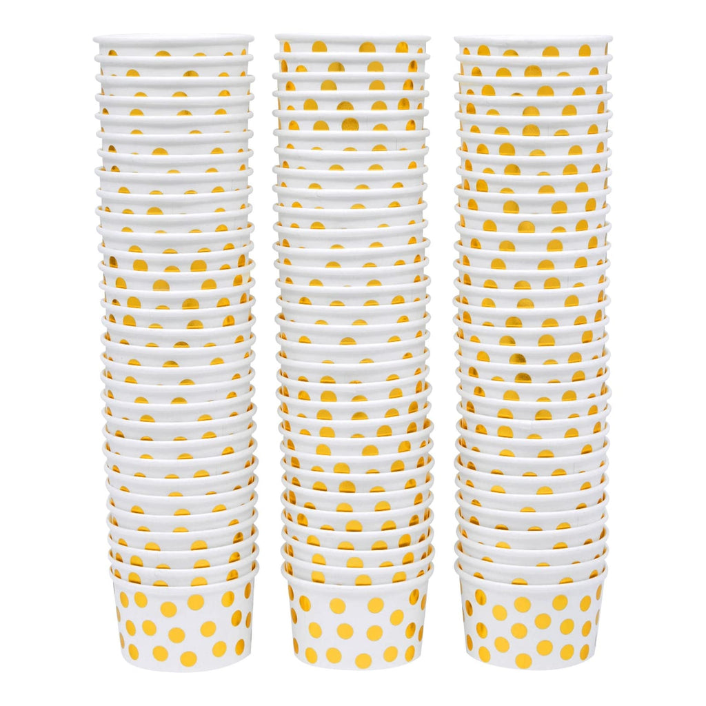 Juvale 100 Stück Papier-Eisbecher, 8 oz Einweg-Dessertschalen für Frozen Yogurt, Sundae-Bar, Party-Snacks und Leckereien, Goldfolie mit Polka-Dot-Design