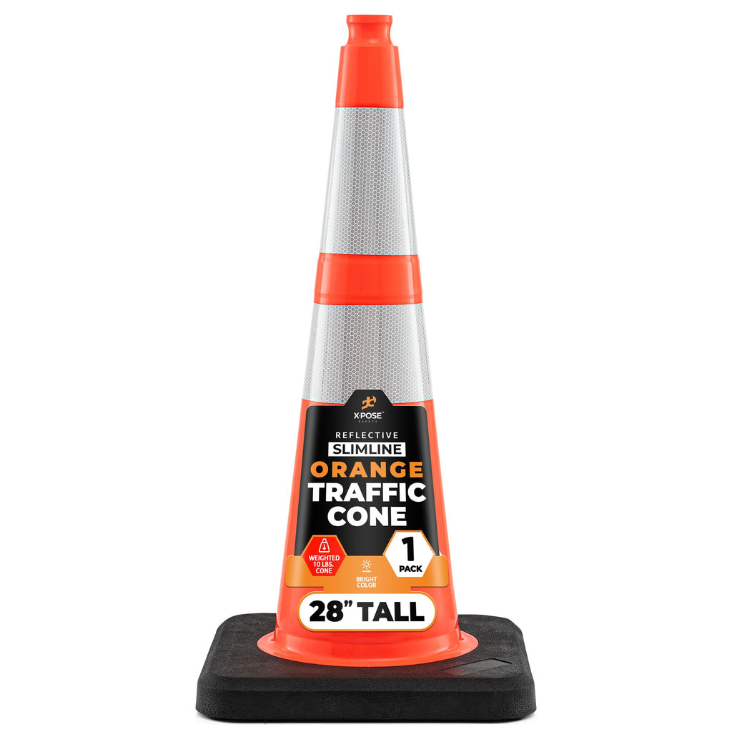 Xpose Safety 28 Inch Orange Slim Line Traffic Cones with 6" & 4" Collars, 24 Pack Multipurpose PVC Plastic Safety Cone for Parking, Soccer, Caution, Kids & Construction - DOT Approved