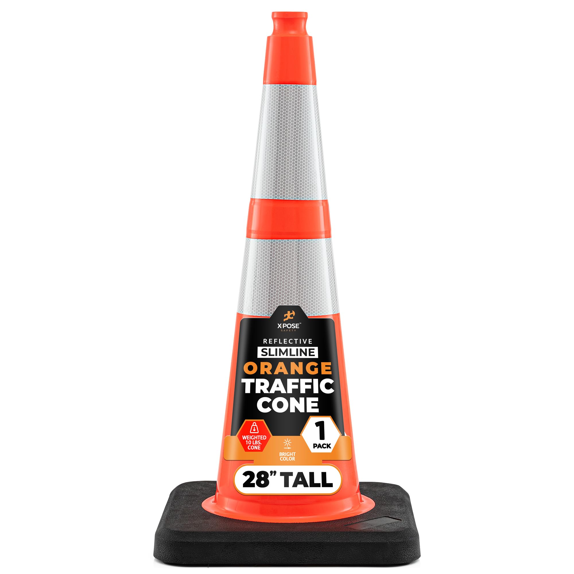 Xpose Safety 28 Inch Orange Slim Line Traffic Cones with 6" & 4" Collars, 24 Pack Multipurpose PVC Plastic Safety Cone for Parking, Soccer, Caution, Kids & Construction - DOT Approved