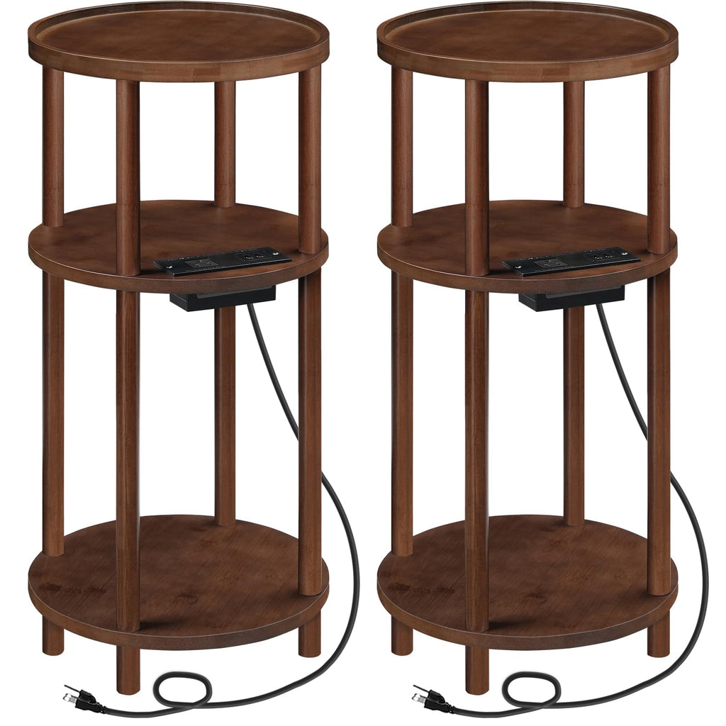 HOOBRO Set of 2 Small Round Side Tables with Charging Station, 3-Tier Round Bamboo End Tables, Easy Assembly, for Living Room, Bedroom, Apartment, Natural YL152UBZP201