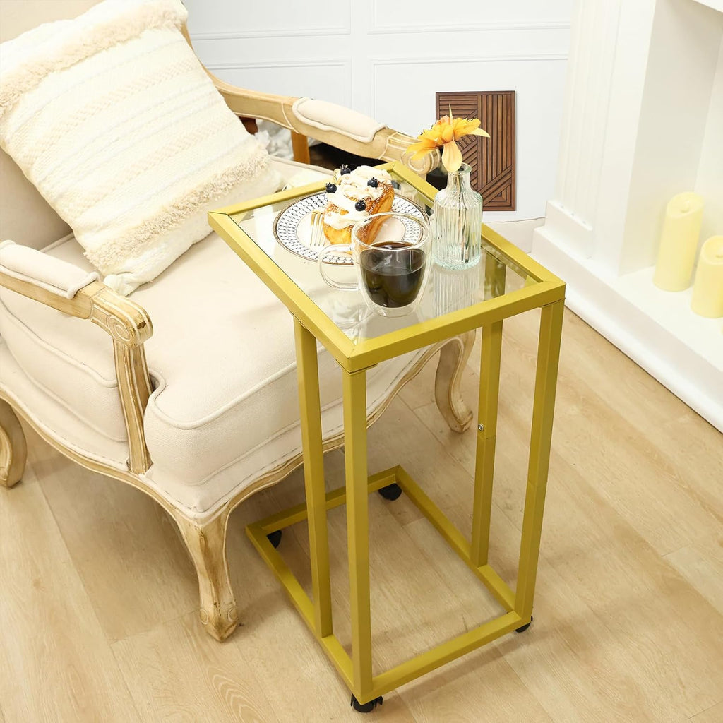 Fixwal C-Shaped End Table Set of 2, Tempered Glass Couch Table Snack Side Table with Metal Frame, TV Tray Table for Living Bedroom Coffee Snack Laptop Sofa Couch and Bed, Gold
