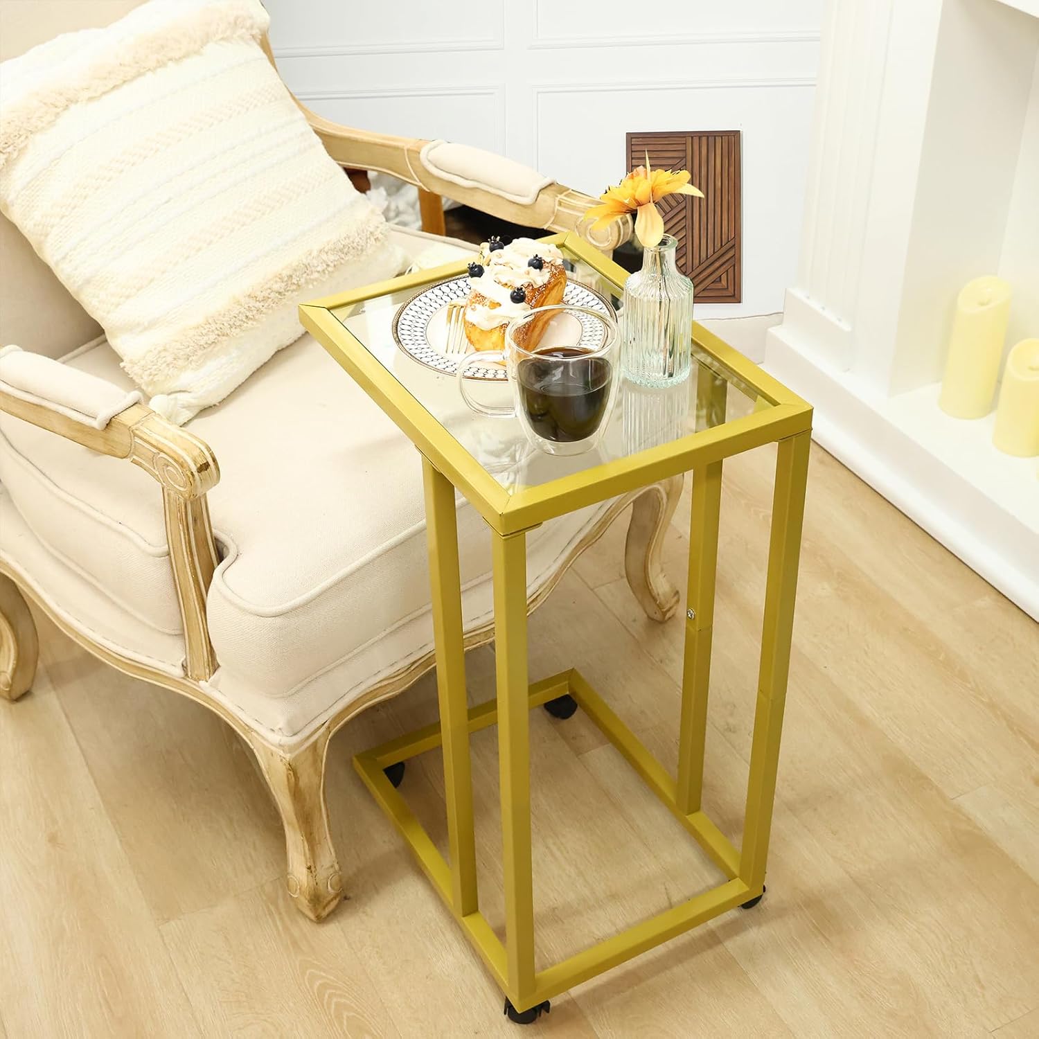 Fixwal C-Shaped End Table Set of 2, Tempered Glass Couch Table Snack Side Table with Metal Frame, TV Tray Table for Living Bedroom Coffee Snack Laptop Sofa Couch and Bed, Gold