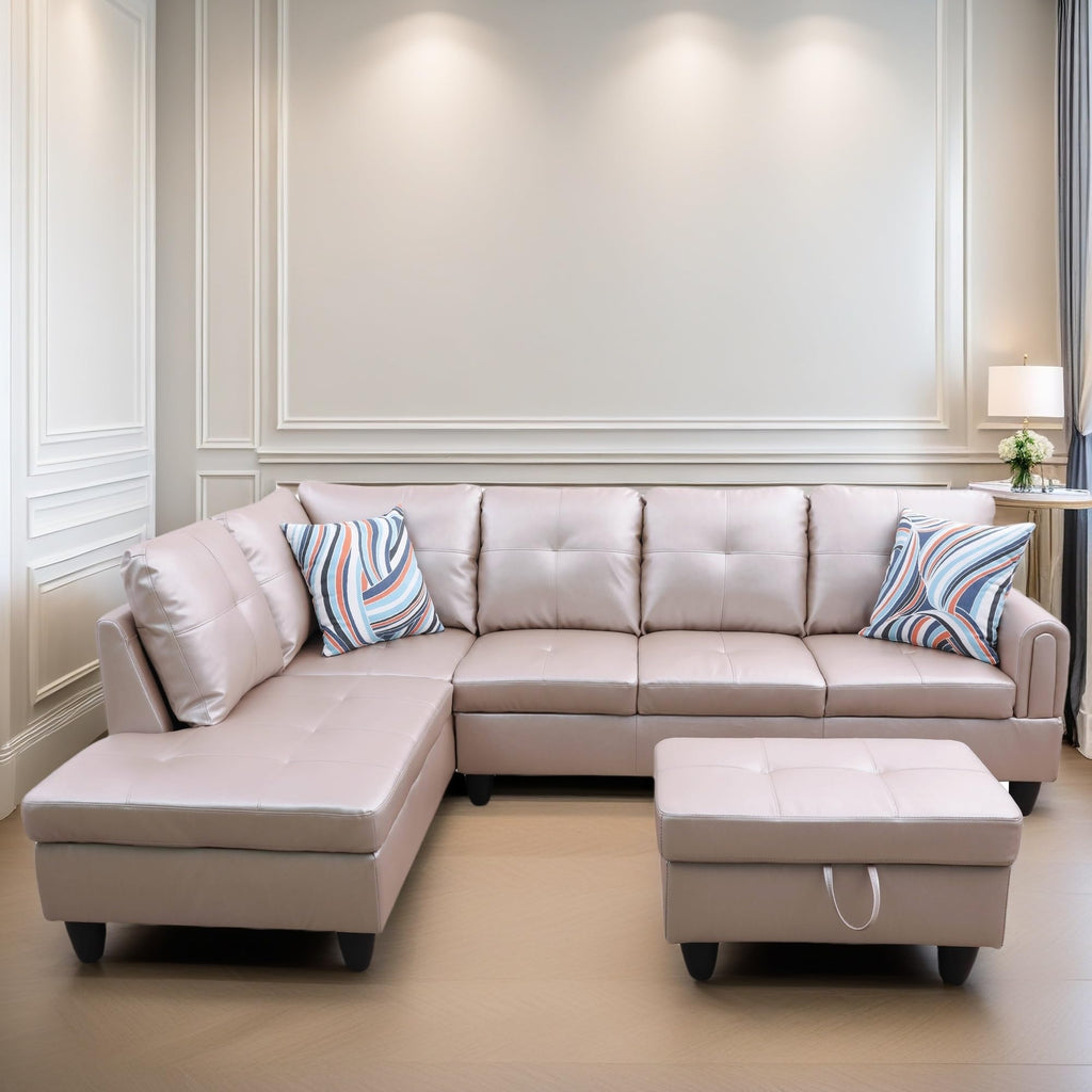 Leather Sectional Couch, Modern L Shaped Couches for Living Room, Comfy 4 Seat Modular Sectional Sofa with Ottoman Storage for Bedroom Apartment, Black