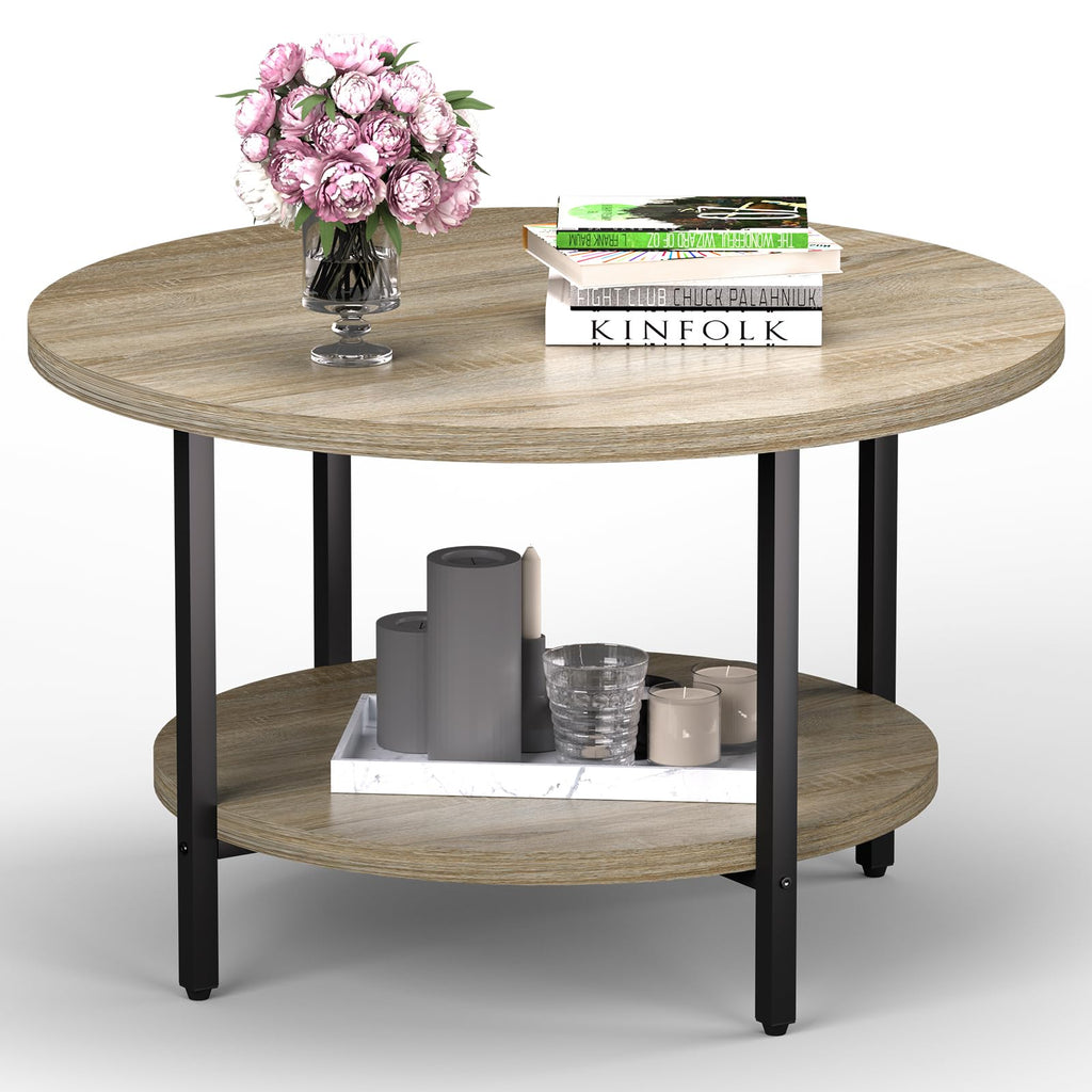 Round Coffee Table, Small Coffee Tables for Living Room, Wood Coffee Table with Metal Frame, Floor Table Desk for Sitting on The Floor, Home, Office, Farmhouse, Rustic Brown (23.6"D x 17.7"H)