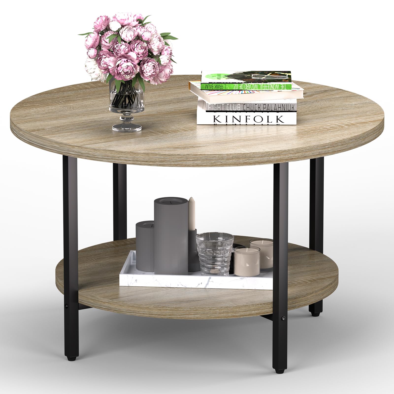 Round Coffee Table, Small Coffee Tables for Living Room, Wood Coffee Table with Metal Frame, Floor Table Desk for Sitting on The Floor, Home, Office, Farmhouse, Rustic Brown (23.6"D x 17.7"H)