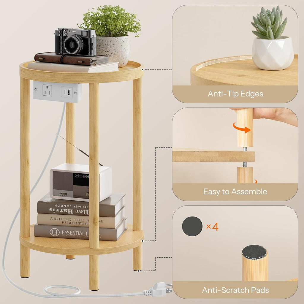 HOOBRO Small Round Side Table with Charging Station, 2-Tier Round Bamboo End Table, Compact Sofa Bedside Table for Small Space, Easy Assembly, for Living Room, Bedroom, Apartment, Natural YL156UBZ01