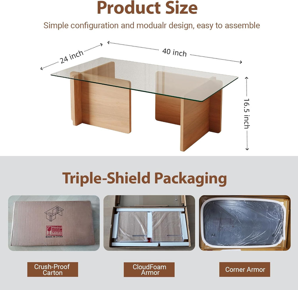 Modern Glass Coffee Table, Artistic Rectangular Coffee Table with Tempered Glass Top and Geometric Wooden Base, Designer Minimalist Center Table for Living Room, Small Space, Apartment, Office