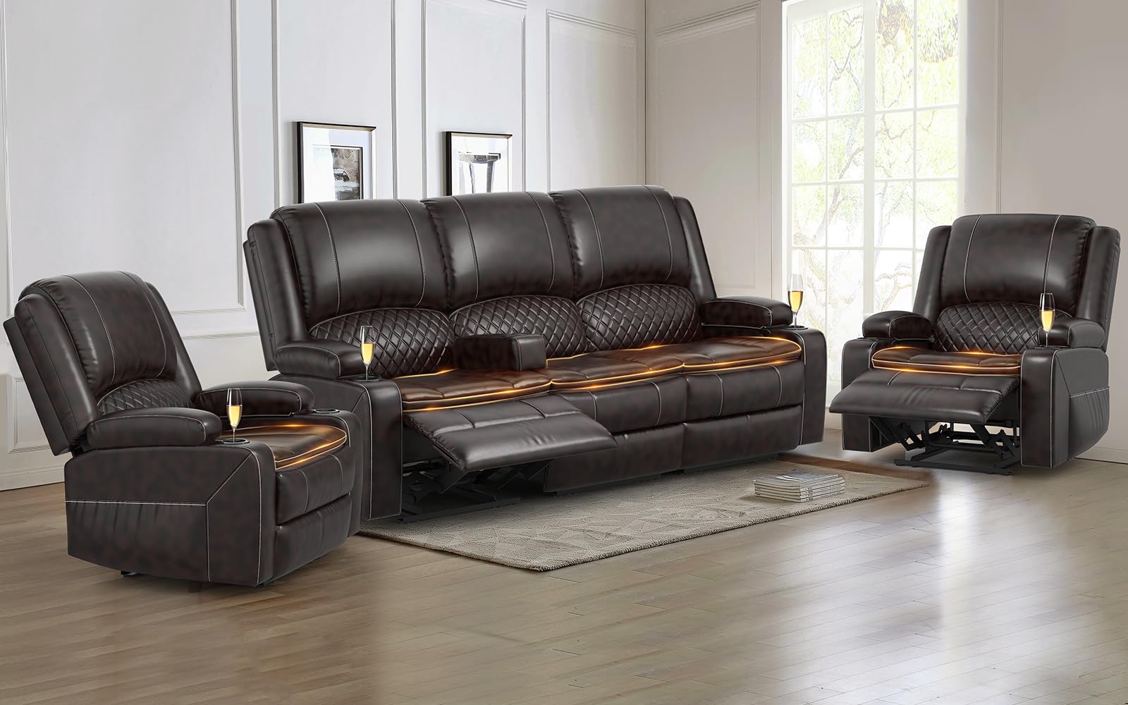 3 Seater Recliner Sofa Set with 2-Tier Cushion, 3+1 Pieces in Living Room, 3 Seater Reclining Couch Leather with Removable Console, 1 Oversize Recliner Chair Sofa Seat