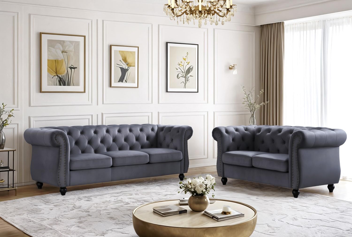 Container Furniture Velvet Chesterfield Couch, Button-Tufted Backrest, Rolled Arms, High-Density Foam with Spring Support, Elegant Accent Piece, Sofa, Dark Blue