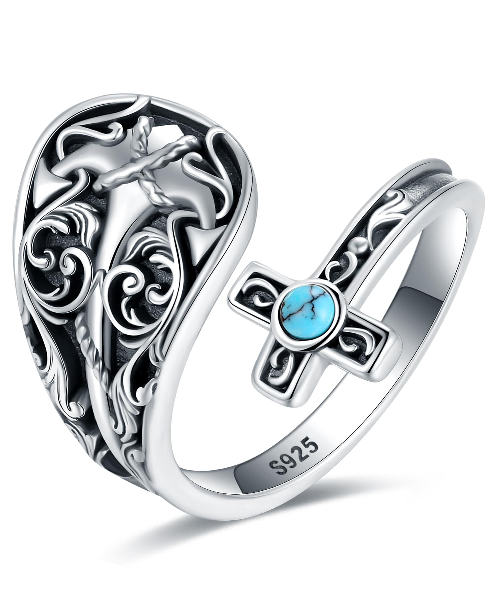 S925-Sterling-Silver Turquoise Dragonfly/Butterfly Spoon Ring - Vintage Boho Sunflower Thumb Rings Oxidized Wrap Ring Victorian Style Antique Floral Jewelry Gifts for Women