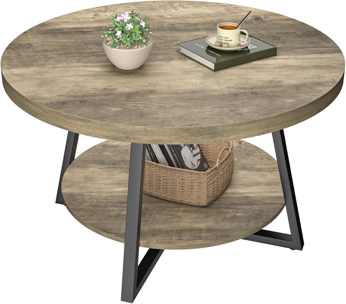 GreenForest Round Coffee Table with Storage, 30 inch Circle Center Tables for Living Room, Modern Sofa Table for Small Spaces, Home Office, Easy Assembly, Grey Wash