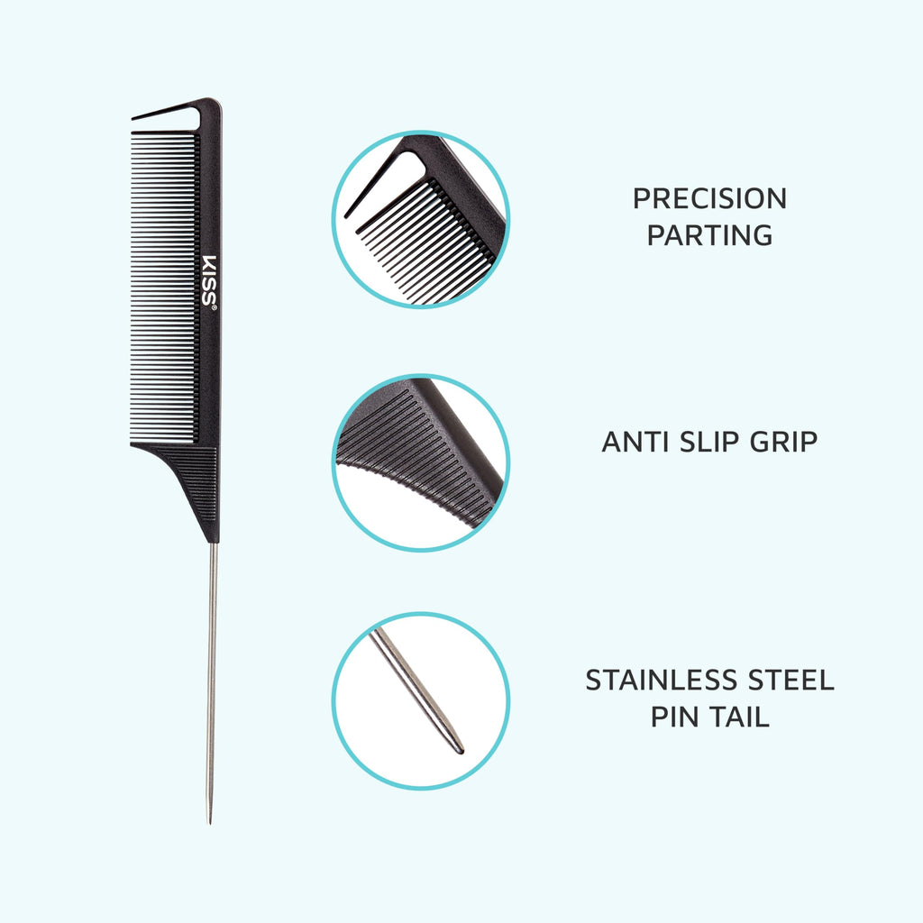 KISS Colors & Care Professional Pin Tail Parting Comb for Sectioning, Teasing, Detangling, Grooming, General Styling - Anti Static & Heat Resistant For All Hair Types Black