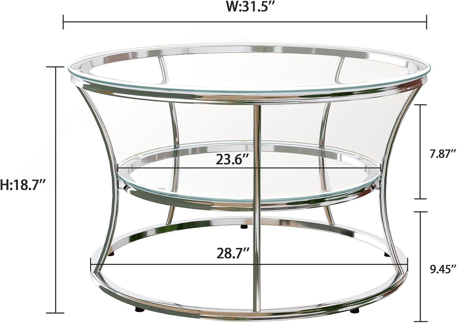 O&K FURNITURE Glass Coffee Table, 2-Tier Modern Living Room Table with Shelf, Tempered Glass & Chrome Frame, Silver Center Table for Living Room & Office, Chrome Finish, 1 PC