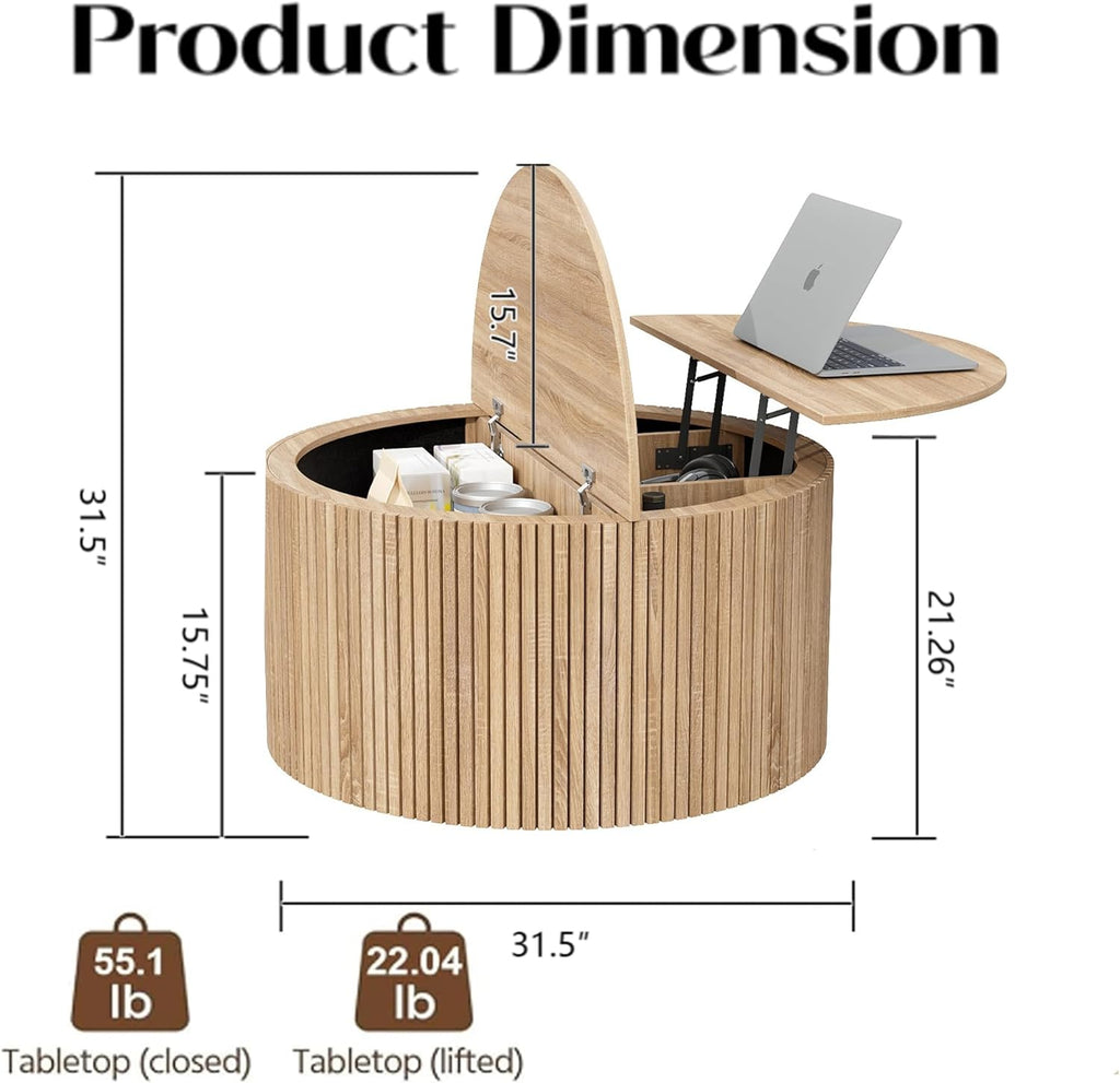 Round Fluted Lift Top Coffee Table, Mid Century Modern Center Table with Storage and Compartment, 2 Tier Small Circle Dining Table, for Living Room, Home Small Space, Natural