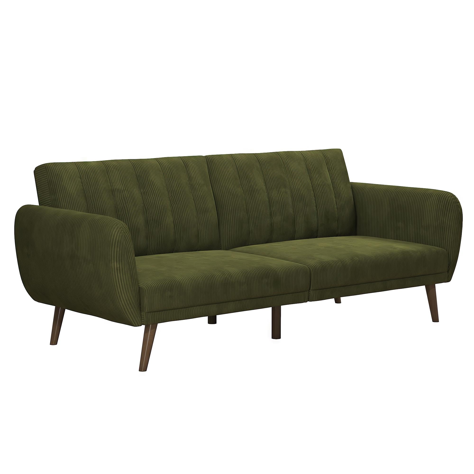 Novogratz Brittany 82 Inch Futon Sofa Bed in Faux Leather, Upholstered Couch Sleeper with Tufted Back, Mid-Century Modern Design, Green