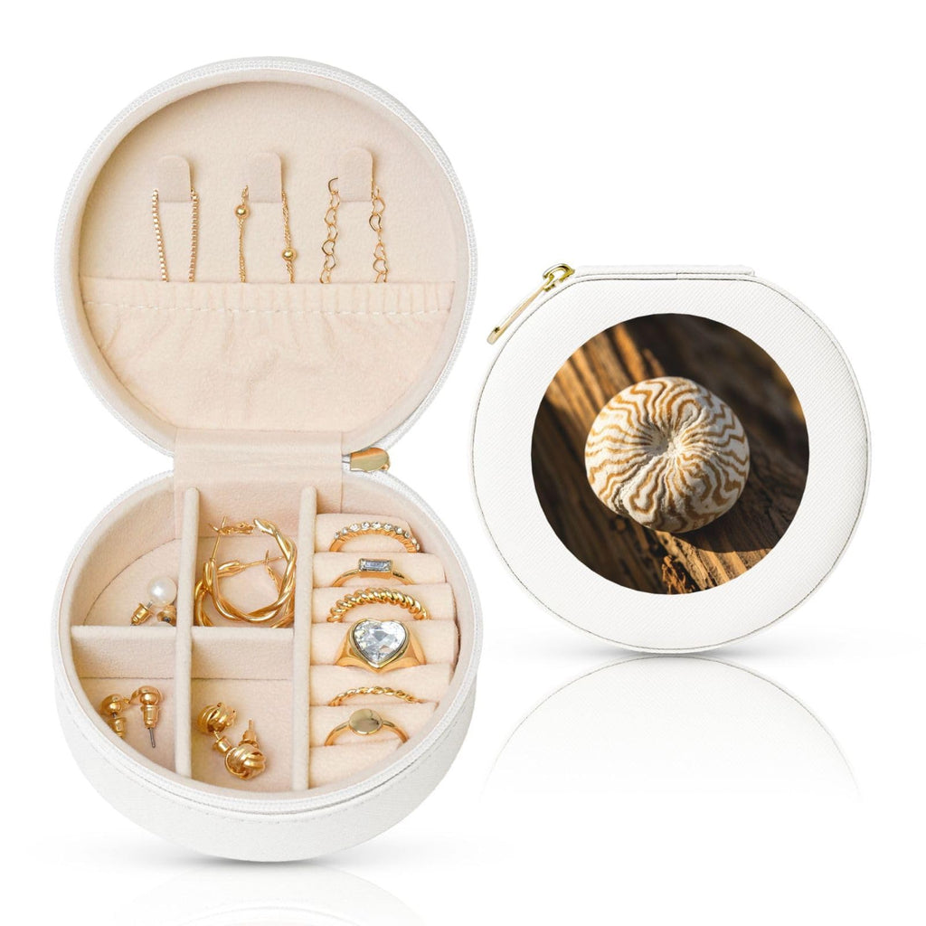 Petoskey Stone Print Round Leather Jewelry Box,Portable Mini Jewelry Home or Travel Storage Box,Used to Store Rings,Earrings,Necklaces,and Bracelets