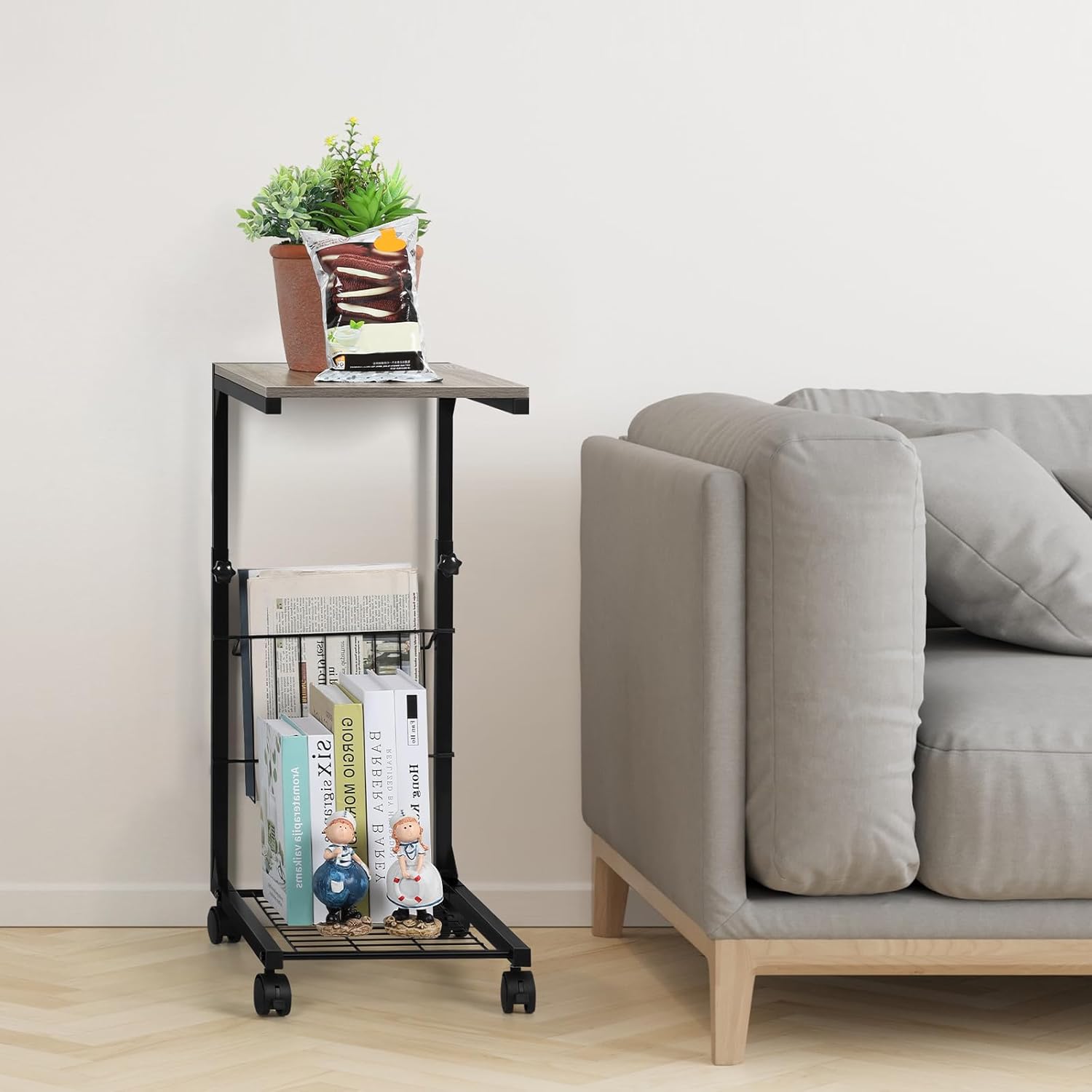 BTY C Shaped Side Table Adjustable Height End Table for Small Spaces C Table with Wheels Couch Table with Storage Laptop Side Table for Sofa Living Room Bedroom (Grey)