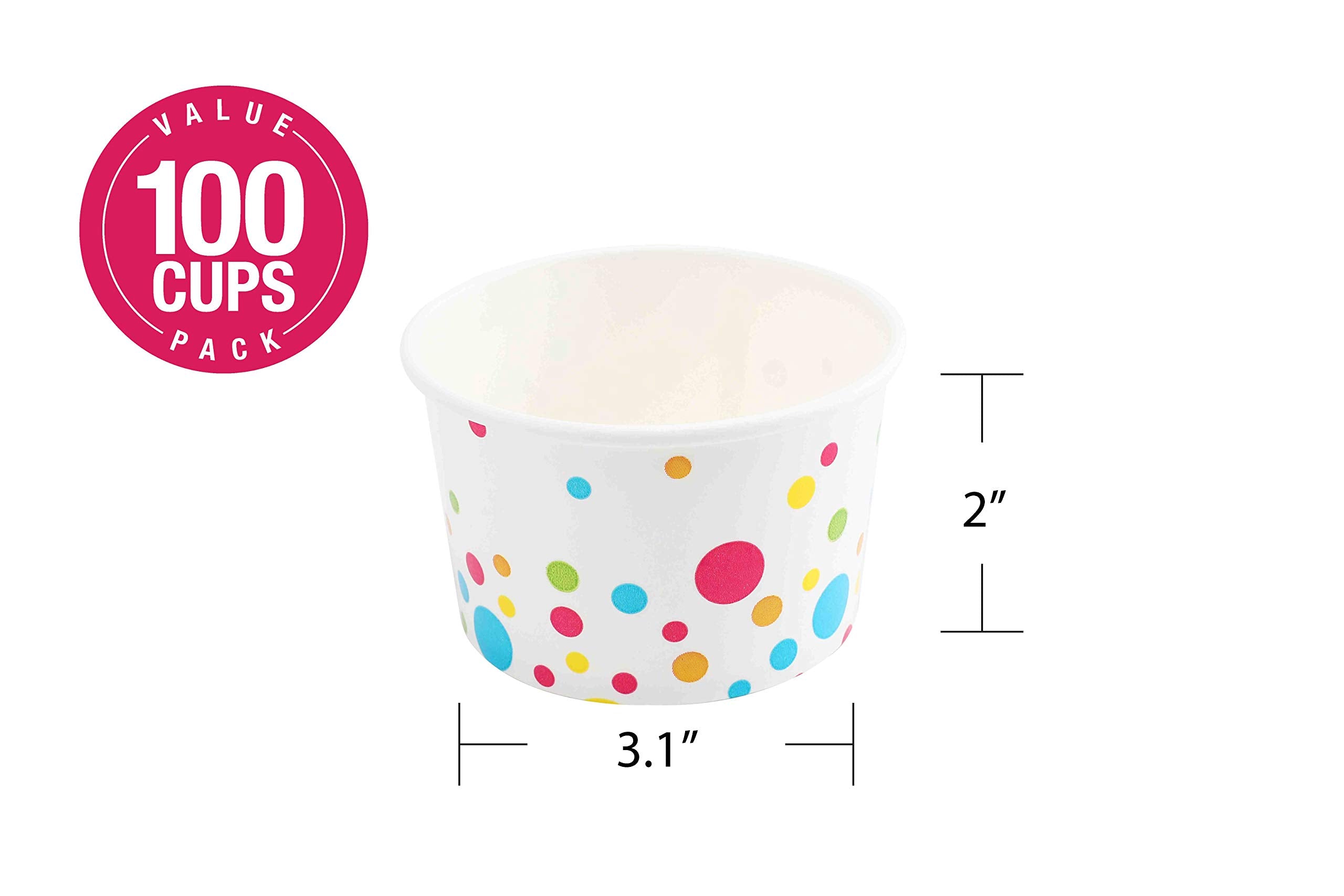 GSM Marken Papier-Eisbecher (Punkte-Design) - 100 Stück - 8 oz Einweg-Dessertschalen für heiße oder kalte Speisen, 8-Unzen Partybedarf Becher für Eisbecher, gefrorenen Joghurt, Suppe, Weiß