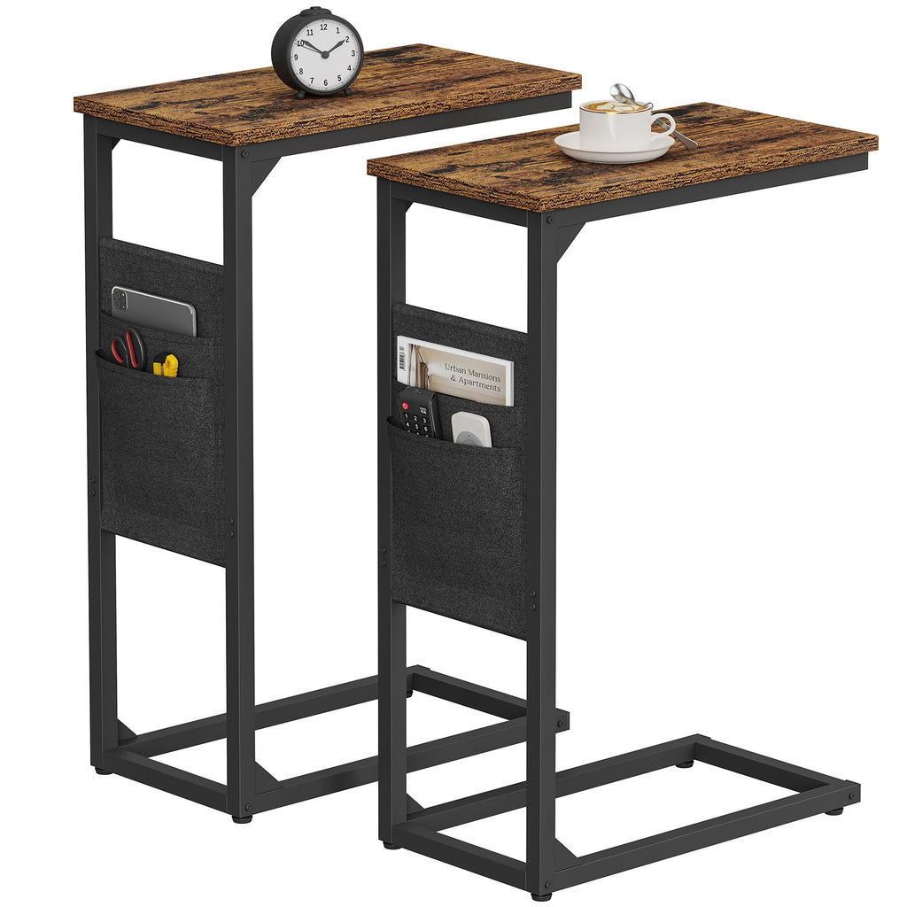 TUTOTAK C Shaped End Table with Charging Station, Side Table for Sofa, Couch Table with Storage Bag, TV Tray with 2 USB Ports and Outlets for Living Room, Bedroom, Brown TB01BB024