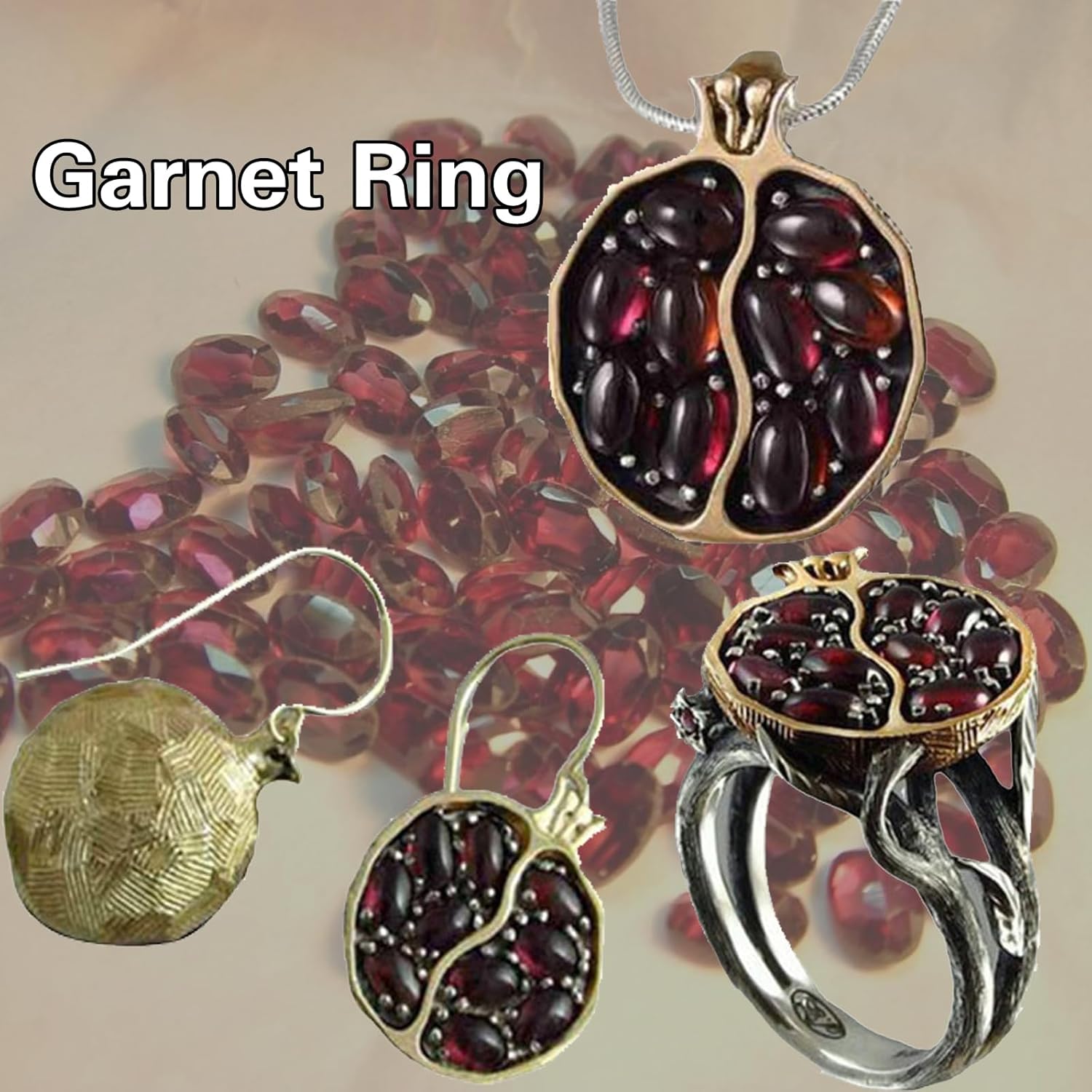 Garnet Ring, Tree Vine Black Gold Statement Ring Ruby Engagement Rings for Wife Girlfriend, Pomegranate Shaped Birthstone Ring Silver Ring Jewelry Gift for Women, Handmade Anniversary Ring