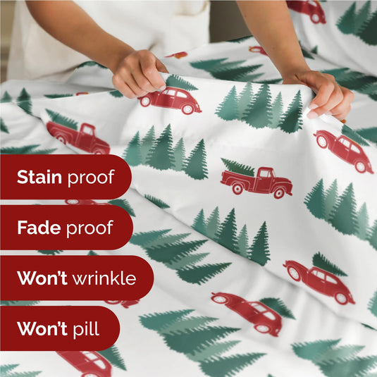 King Christmas Tree Sheet Set - Holiday Xmas Pattern Linen Set - Deep Pockets - Snug Fit - 4 Piece - Wrinkle Free - Comfy & Cooling Festive Winter Bedding - Easy To Care For - Kid Friendly