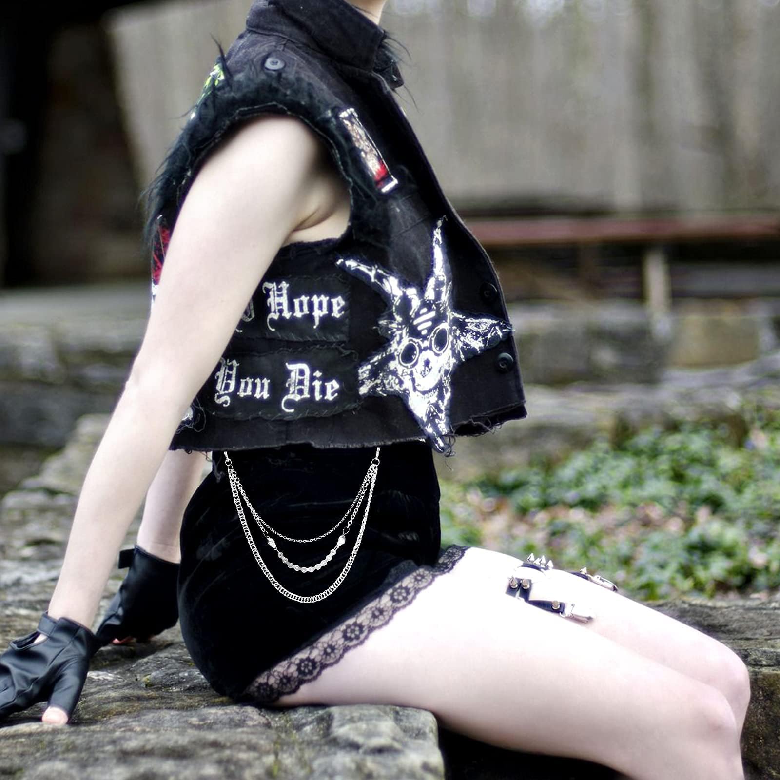 Chaîne de pantalon pour hommes femmes, chaîne de portefeuille crâne biker, longue chaîne de ceinture de poche cool EMO punk pour pantalons, porte-clés pour hip hop rock jean gothique