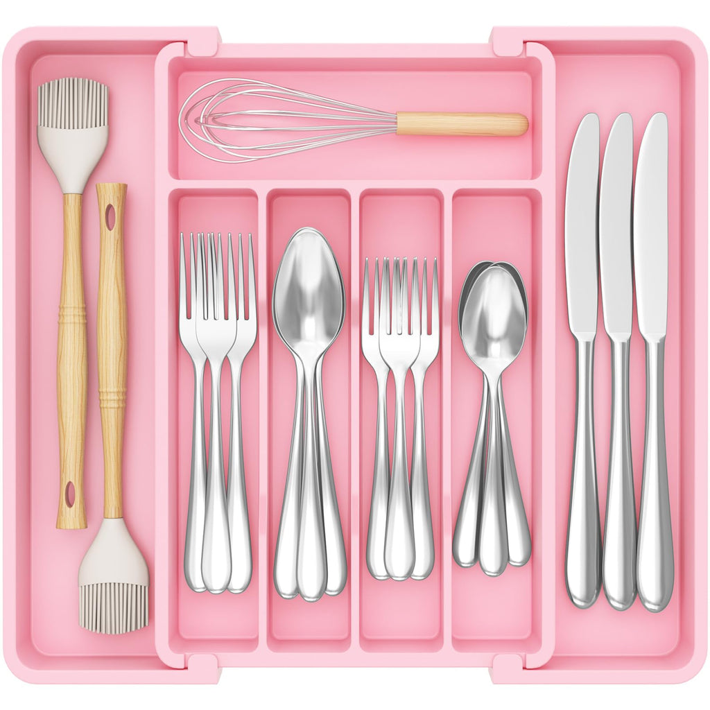 Lifewit Silverware Drawer Organizer, Expandable Utensil Tray for Kitchen, BPA Free Flatware and Cutlery Holder, Adjustable Plastic Storage for Spoons Forks Knives, 8.5-14 x 12", Black