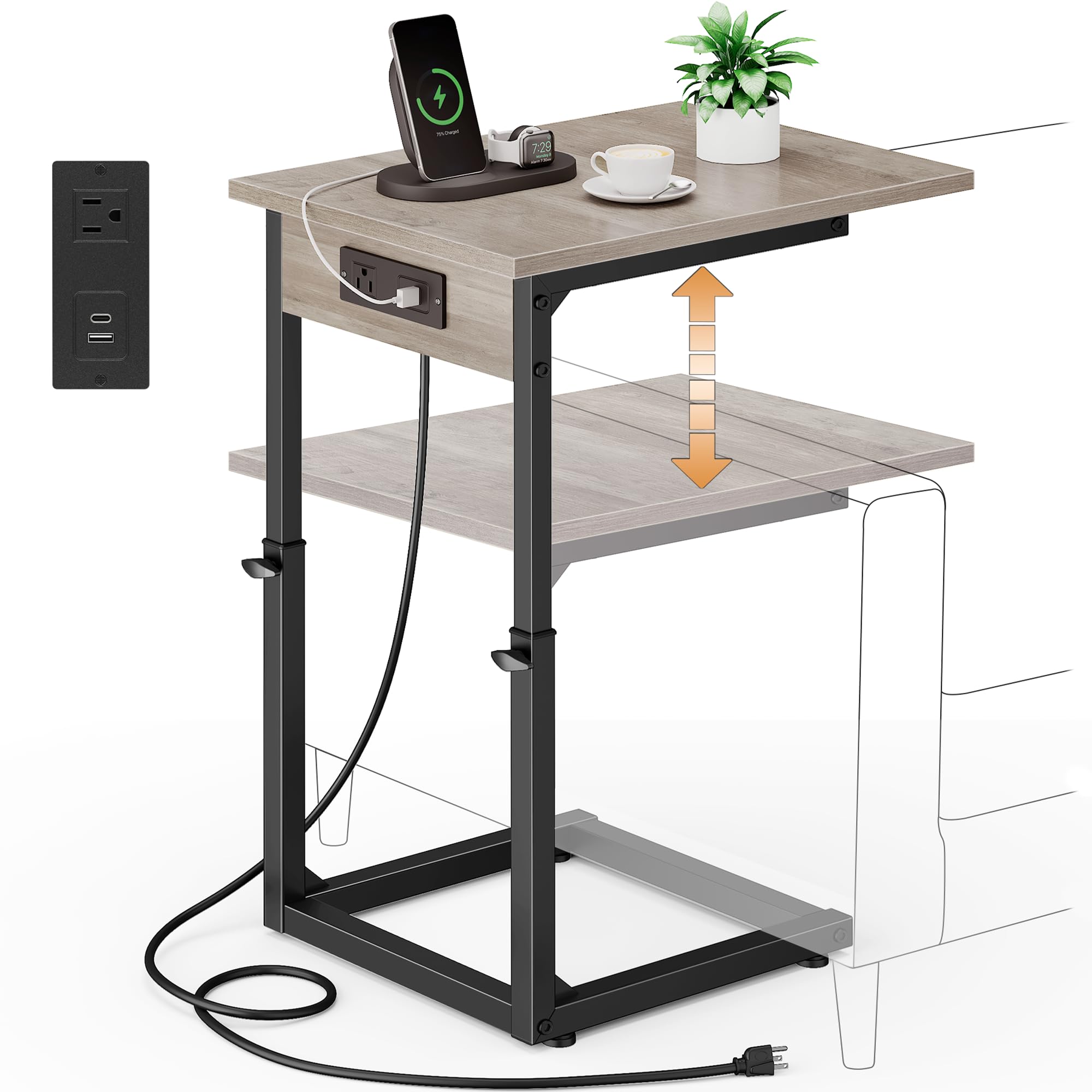 Vagusicc C Shaped End Table with Charging Station, 33" Tall Side Table for Couch, Sofa Table Adjustable Height Couch Side Table Coffee Table, Slide Under Sofa TV Tray C Table for Living Room, White