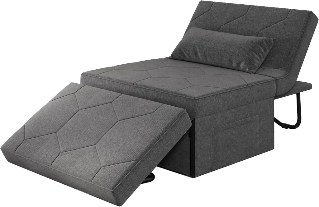 4 in 1 Sleeper Chair, Convertible Sleeper Sofa with Ottoman, Ottoman Bed for Adults, Sofa Bed with Adjustable Backrest for Living Room Apartment Office, Dark Grey