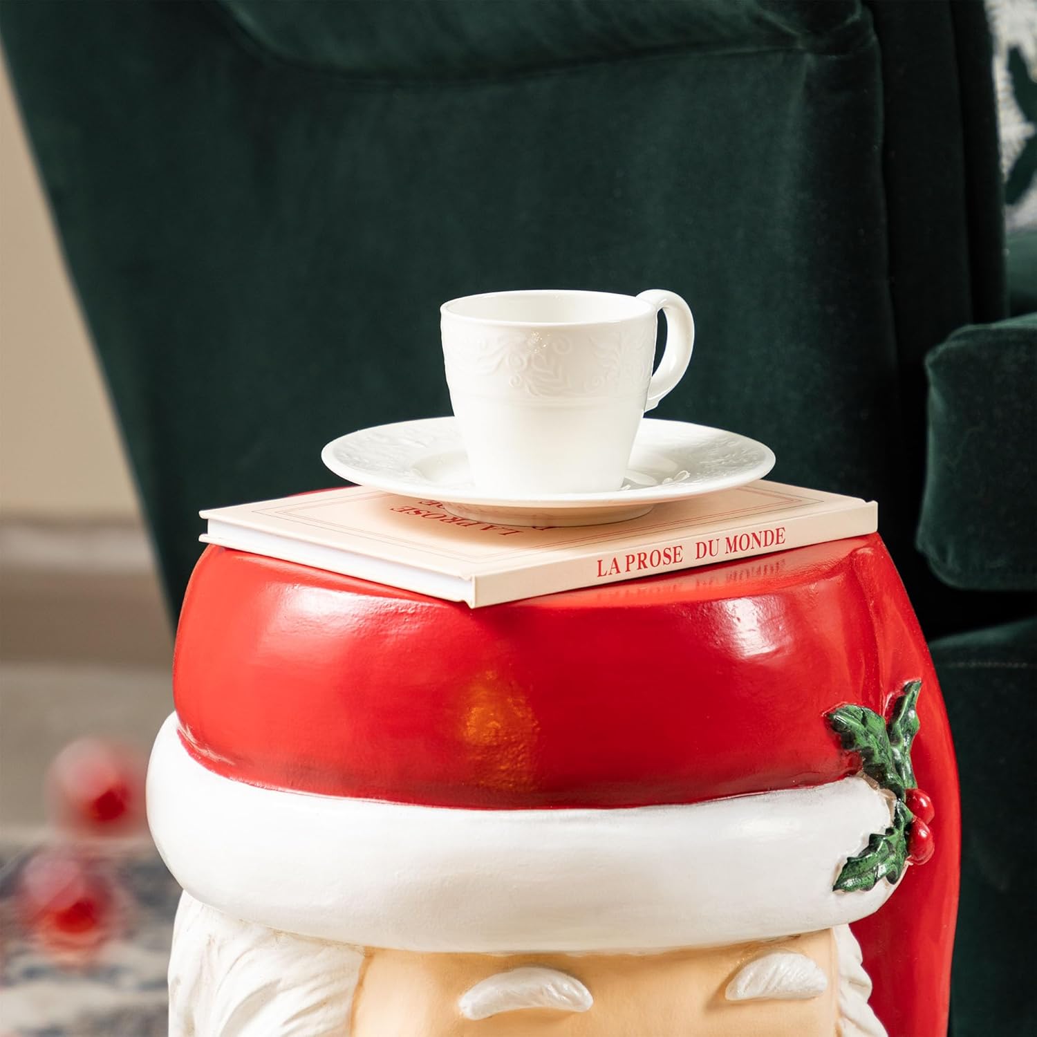 Glitzhome Side Tables Living Room, Round Coffee Accent Table Nightstand, Small Christmas End Table MgO Santa Stool for Bedroom Home Office Dorm Decoration, 16'H