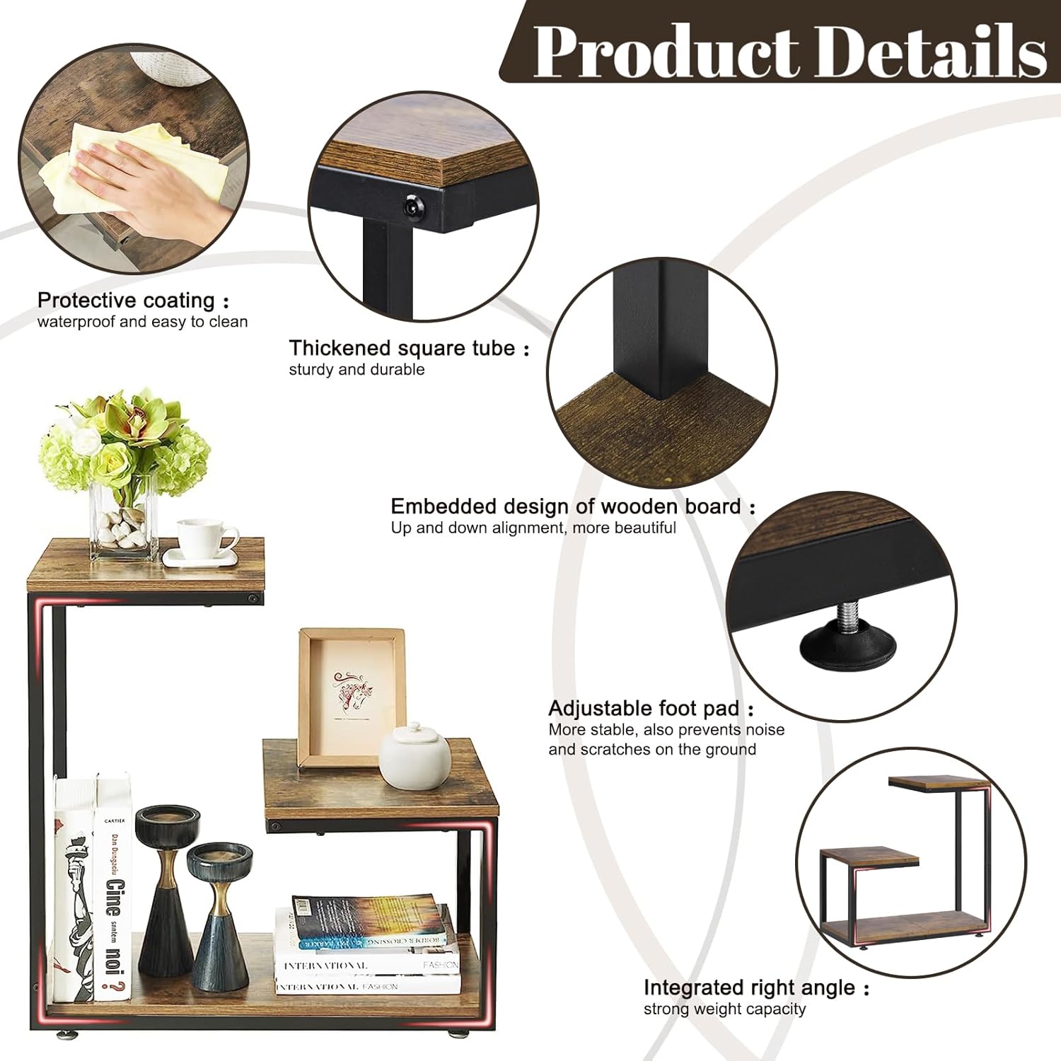 G Shaped Side Table, 3 Tier End Table for Couch Indoor, Small Sofa Coffee Table with Metal Frame for Living Room Bedroom Nightstand Bedside