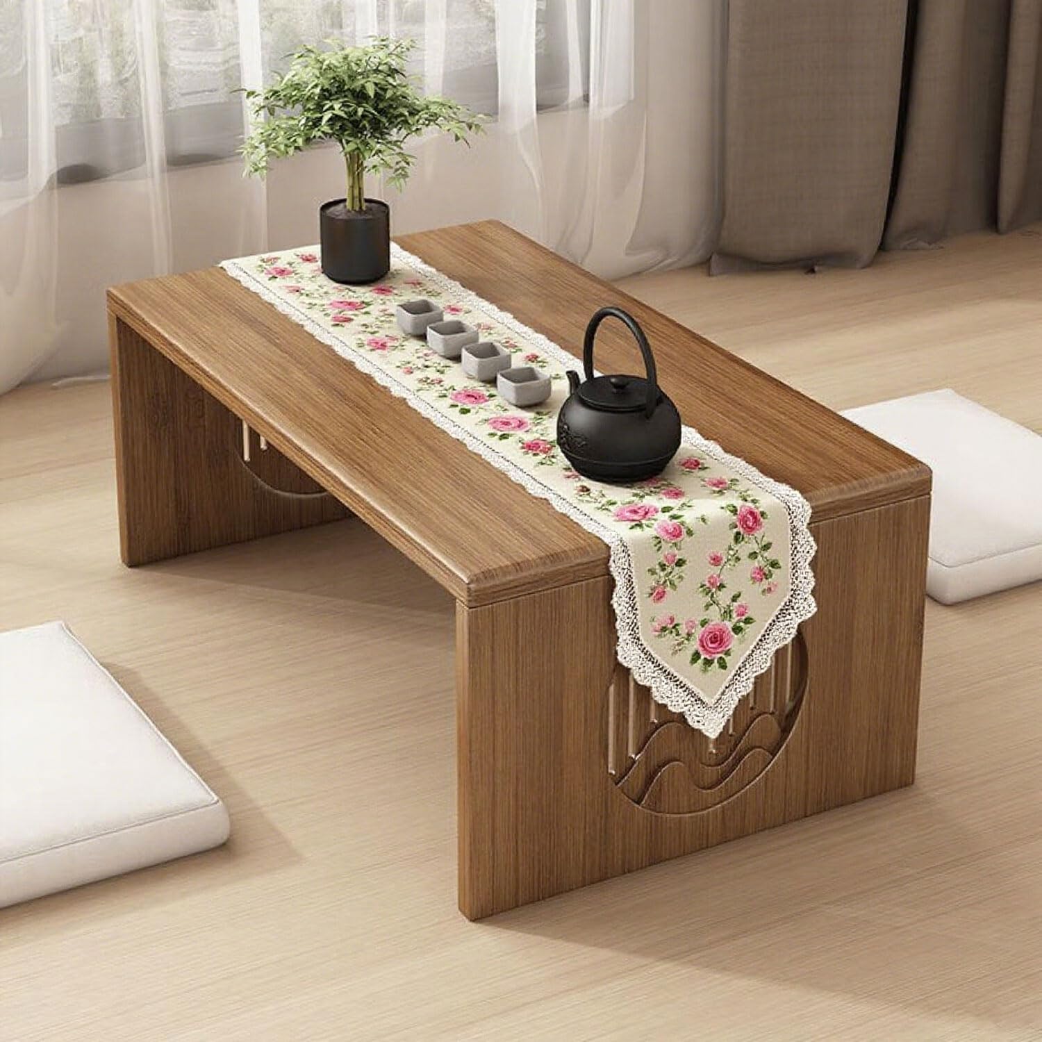 Japanese Folding Coffee Table, Foldable Low Coffee Tables, Bamboo Floor Table Desk for Sitting on The Floor, No Assembly, Portable Living Coffee Table (39.4 Inch)